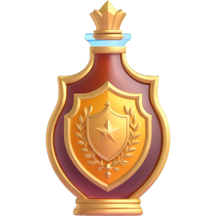 modern shield-shaped elixir bottle, #7986cb, ornate gold details, magical shine, 🛠 symbol, seamless bottom, floating, no base, collection style emoji