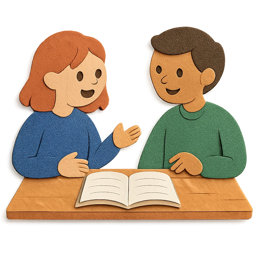 토론하는 학생들, 종이공예 스타일, 입체감 있는 종이 질감, 책상과 노트 emoji