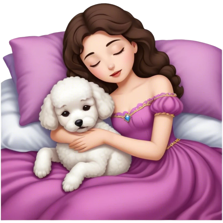 brunette Sleeping beauty girl with bichon frise dog emoji