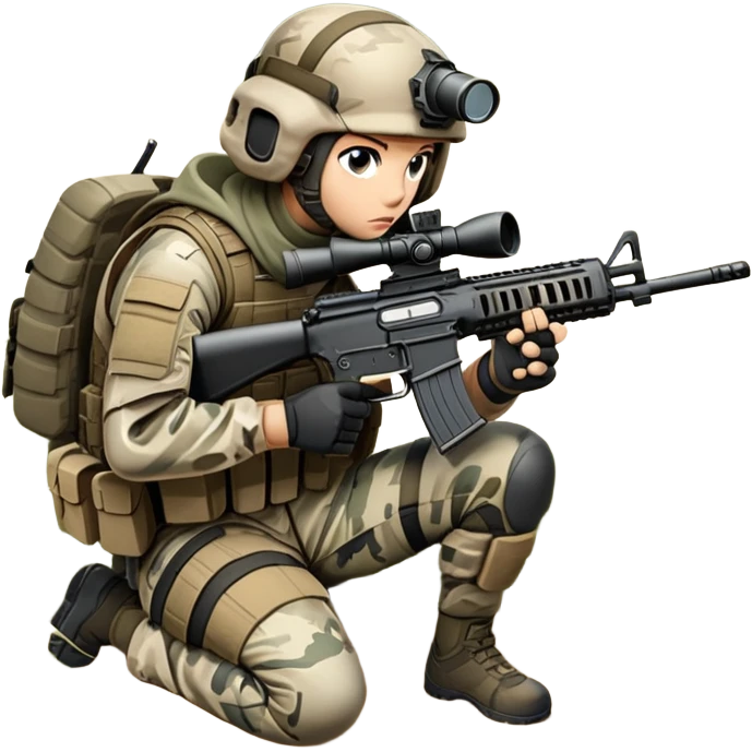 A tactical player in camouflage gear, crouched behind cover with a rifle aimed, ready for action. The scene is set in an outdoor field, with strategic obstacles and soft sunlight, conveying the intensity and teamwork of a competitive airsoft match. emoji
