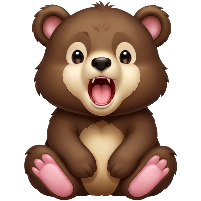 Cinematic Cute Yawning bear cub Portrait Emoji, Head tilted slightly with a dramatic, wide-open yawn, showcasing a soft, plush dark brown fur with drooping ears, round eyes barely open in drowsy contentment, Simplified yet irresistibly adorable features, highly detailed, glowing with a soft, cozy glow, high shine, relaxed yet expressive, stylized with a touch of woodland charm, bright and endearing, soft glowing outline, capturing the essence of a sleepy yet affectionate bear cub, so drowsy it feels like it could lumber out of the screen and curl up for a nap! emoji