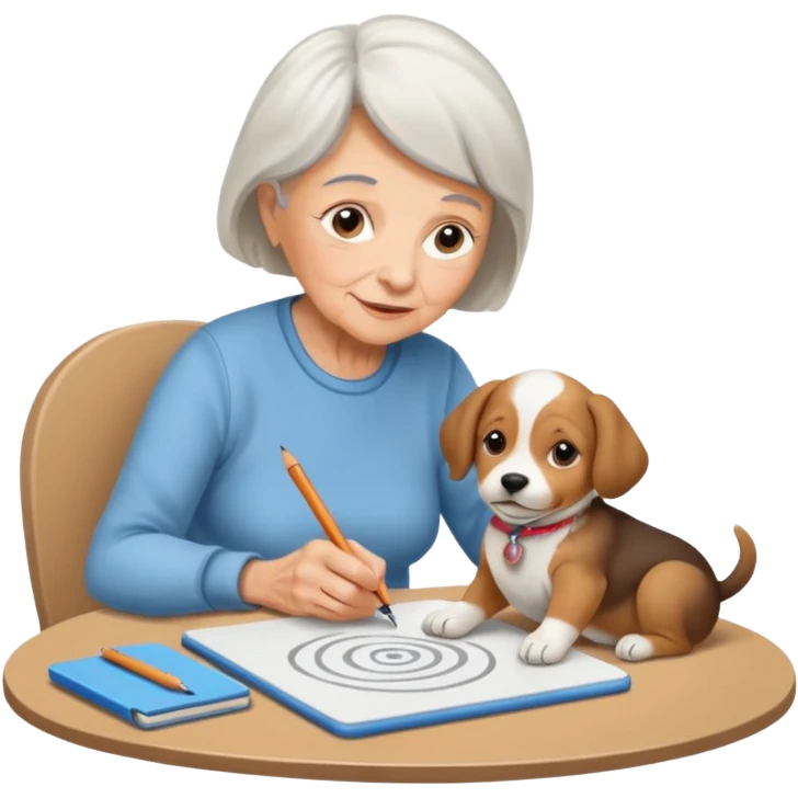 An elderly woman sketching her puppy on the spiral pad. emoji