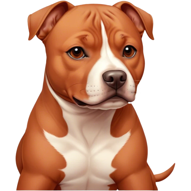 Cinematic Noble Red/Fawn Staffordshire Bull Terrier Portrait Emoji, Poised and regal, with a compact, muscular build and a sleek, well-groomed red/fawn Fur accented by subtle white markings, deep-set soulful dark eyes, Simplified yet sharp and sophisticated features, highly detailed, glowing with a soft, dignified glow, high shine, intelligent and loyal, stylized with an air of strength, focused and attentive, soft glowing outline, capturing the essence of a watchful and confident guardian, so majestic it feels as though it could stride out of the screen with effortless authority! emoji