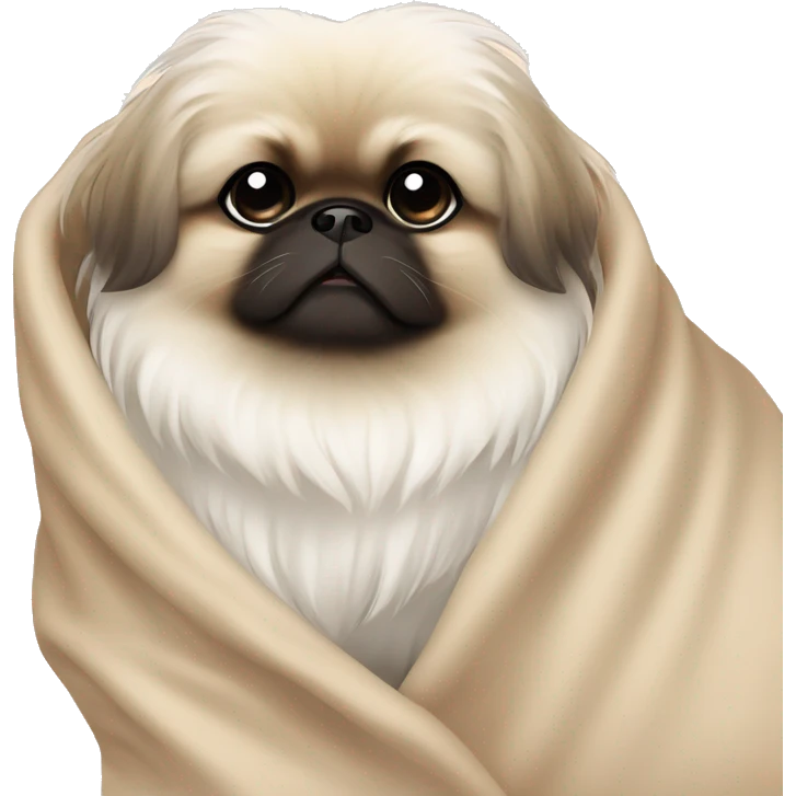 White Pekingese cozy in beige blanket emoji