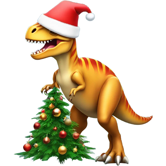 T. rex wearing a Santa hat decorating a Christmas tree emoji
