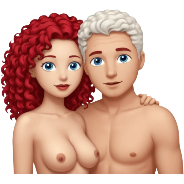 Homme nu cheveux blanc courts, yeux bleu barbe naissante + femme nu gros seins rousse cheveux longs bouclés yeux bleu faisant l'amour emoji