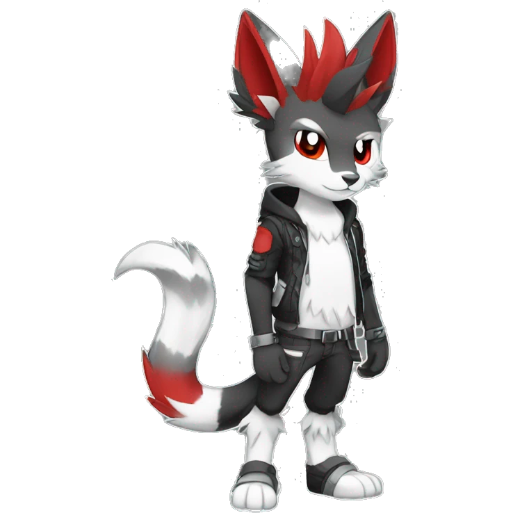 Anthro cool edgy black white grey punk red animal hybrid Fakemon full body emoji