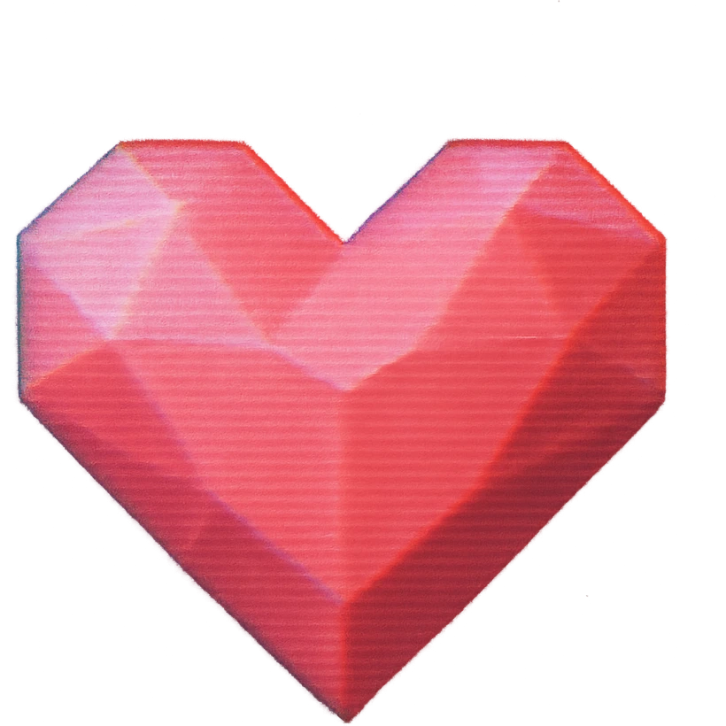 Low-poly 3D heart icon with a cute but vintage feel, slightly pixelated edges, CRT glow effect, pink-to-red gradient with subtle scanline texture, VHS distortion, color bleed, slight blur, static flicker emoji