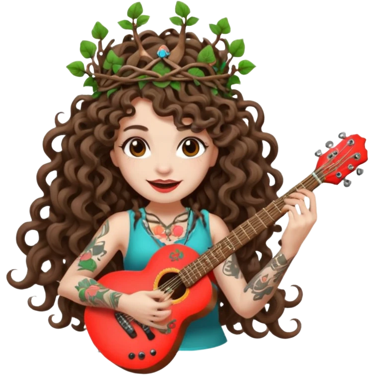 woman with long curly brown hair, brown eyes, white skin, tattoos, wearing a mushroom crown and tuning a neon vine guitar, mischievous rock grin emoji