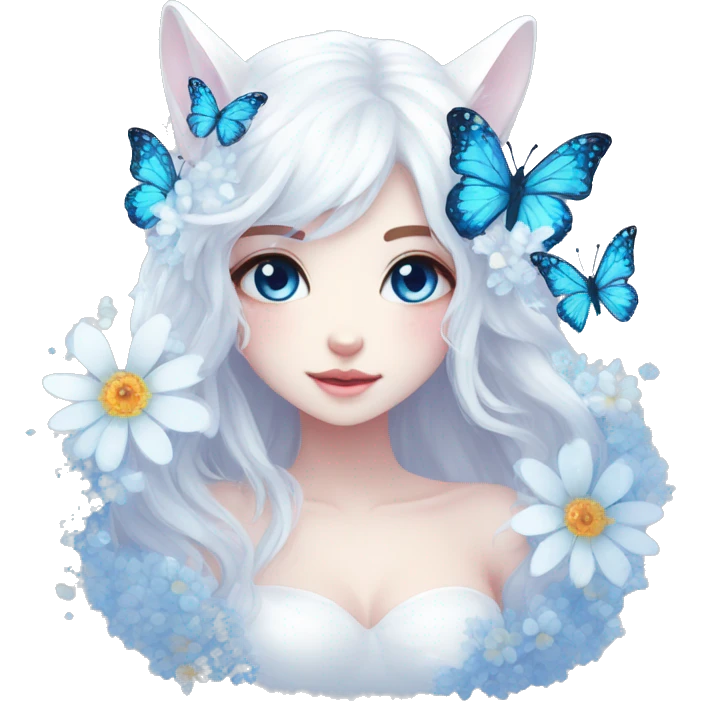 Edgy Cute Cool Kawaii gorgeous sparkly ethereal white fantasy animal with blue eyes sona with flowers and butterflies emoji