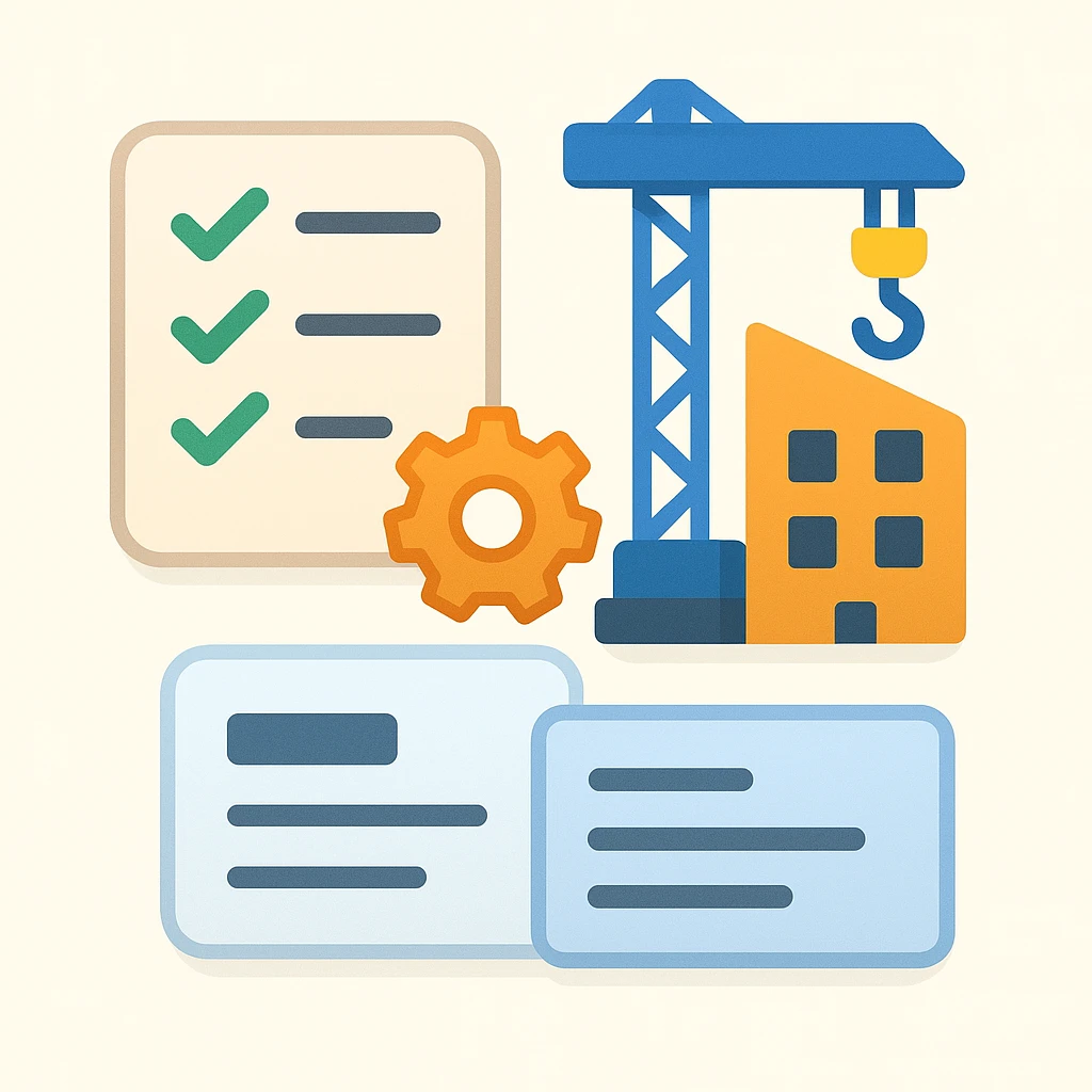 Flat emoji-style illustration of a software registry for a construction company. Includes a checklist/database icon, small gear/settings symbol, building/crane for construction theme, and a simplified UI card with lines for descriptions. Rounded shapes, soft shadows, friendly color palette. Clear, professional, and approachable emoji