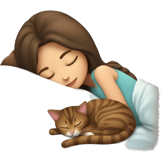 brunette girl sleeping with brown tabby cat  emoji