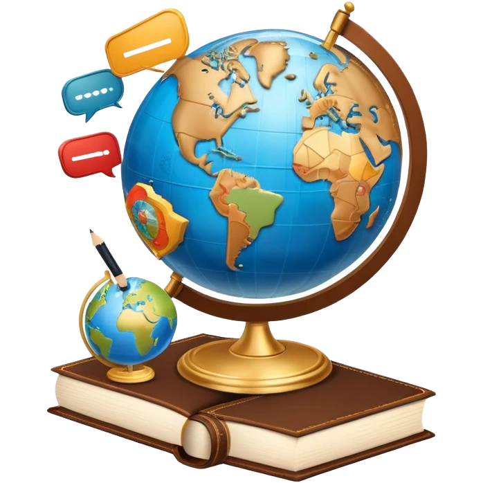 An icon featuring a globe with speech bubbles in different languages, symbolizing the study of foreign languages. The design includes a book and a pencil, representing learning and communication across cultures. Transparent background highlights the global nature of language education. emoji