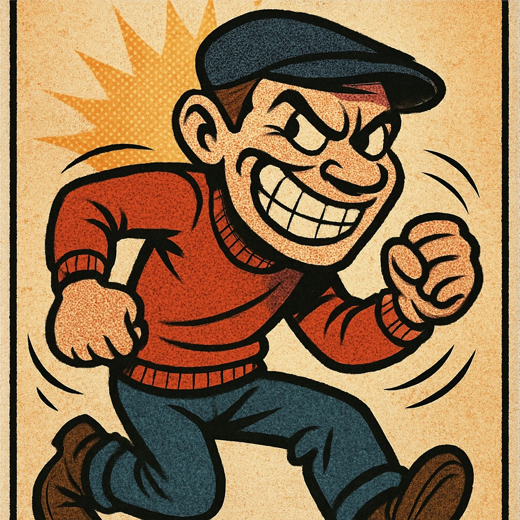 mischievous troublemaker, exaggerated sneer, bold outlines, comic book style emoji