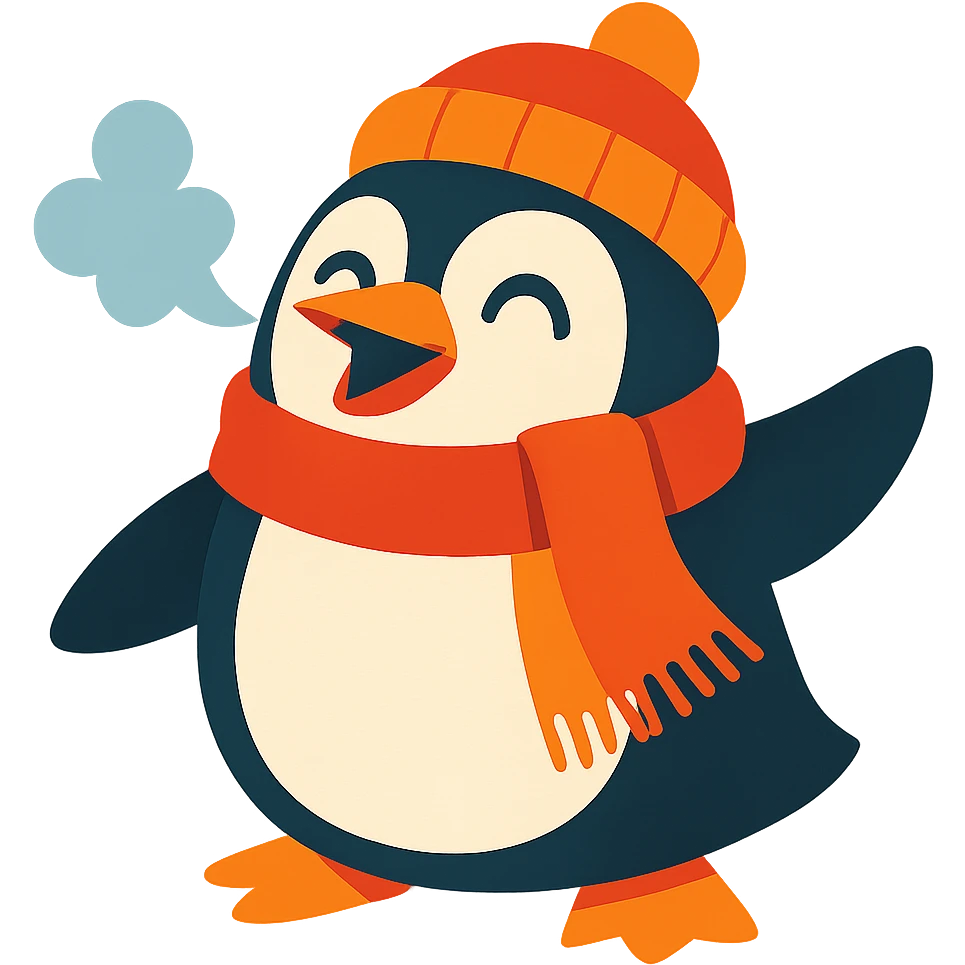 cheerful penguin bundled up in a hat and scarf, with frosty breath and a joyful expression emoji