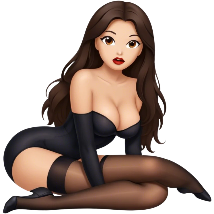 Beautiful Buxom brunette with full lips, long hair and brown eyes, intimate, sfw black nylon stocking pose emoji