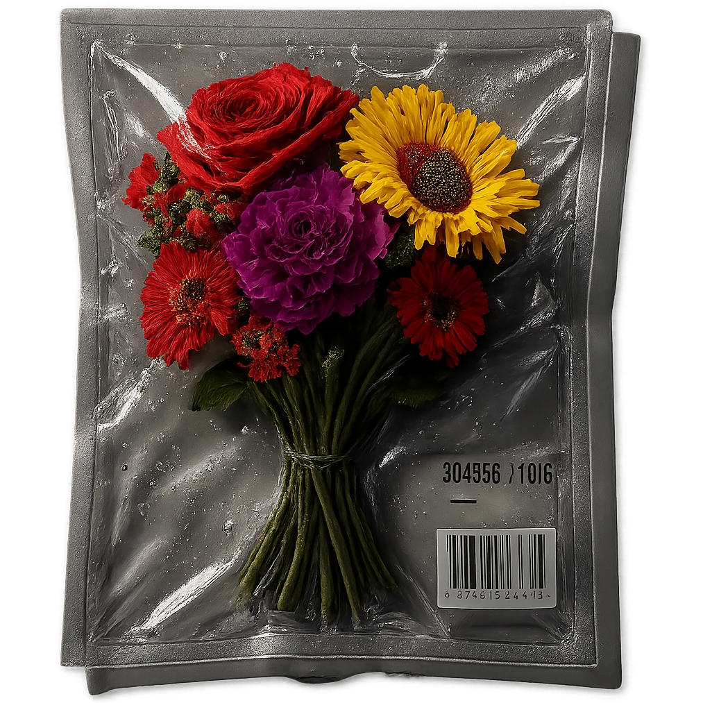 vacuum-sealed bouquet of flowers, flattened in clear plastic emoji