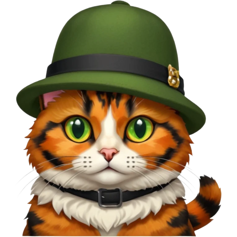 tortoiseshell cat with a british hat, a little sassy emoji