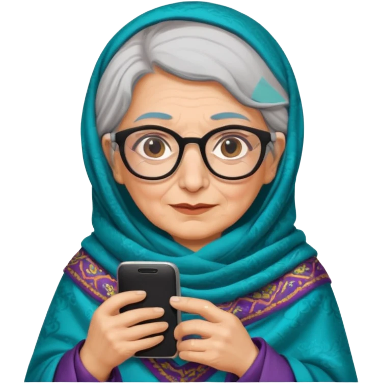 persian old woman Persian shawl with smartphone and glasses, half body emoji