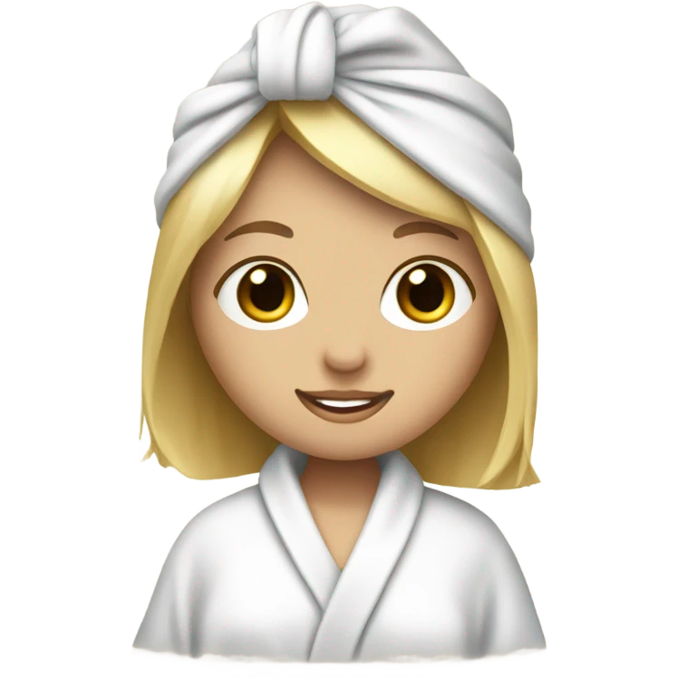 pretty blonde girl in bath robe with hair towel emoji
