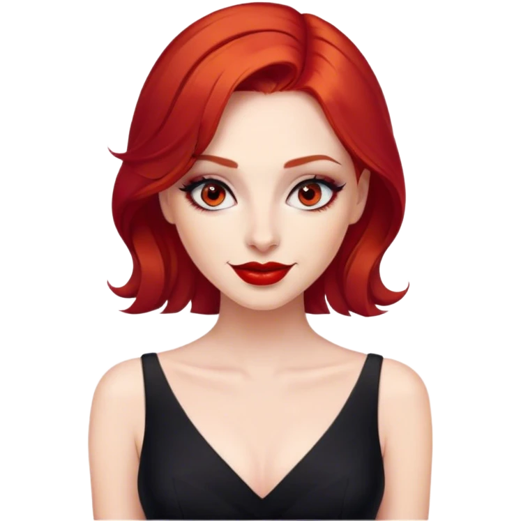 a woman with red hair and red eyes. The woman wear a black dress. She have red lipstick and she have a seductive look and smile emoji