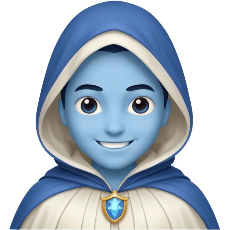 villain smiling with a white cloak, blue skin, cute emoji