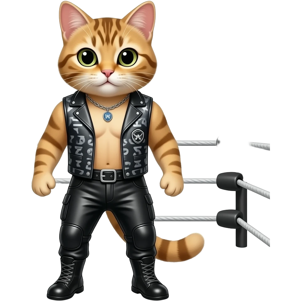 a cat wearing open vest and black leather pants wrestling ring emoji
