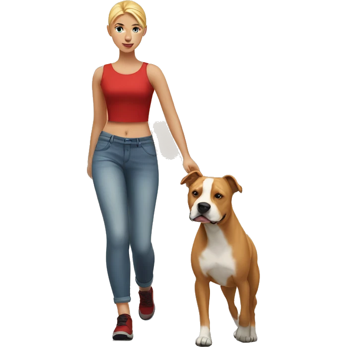 Blonde girl walking red amstaff emoji