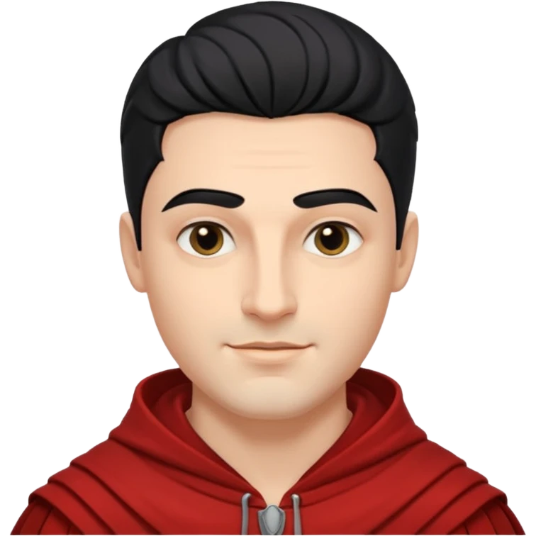 A handsome man with fair complexion. masculine, roman, slightly crooked nose. Thick triangular eyebrows. Hooded eyes and black pupils.  smily lips with a heavy top lid.  thick black hair  80/20 part with an undercut.  emoji