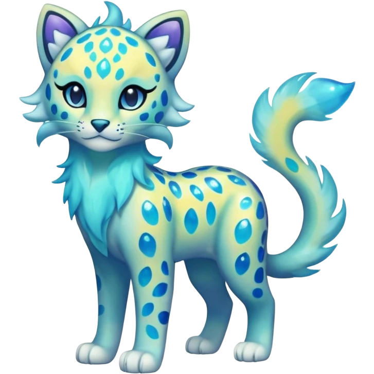 Colorful Iridescent Shiny Pastel Nebulae Glowing Neon Bioluminescent Bright Icy Elemental Pawny Cute Innocent Liepard-Amaura-Litten-Sprigatito-Pokémon-fusion-creature (full body) emoji