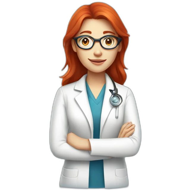 Female scientist in white coat with straight red hair and glasses blue eyes emoji