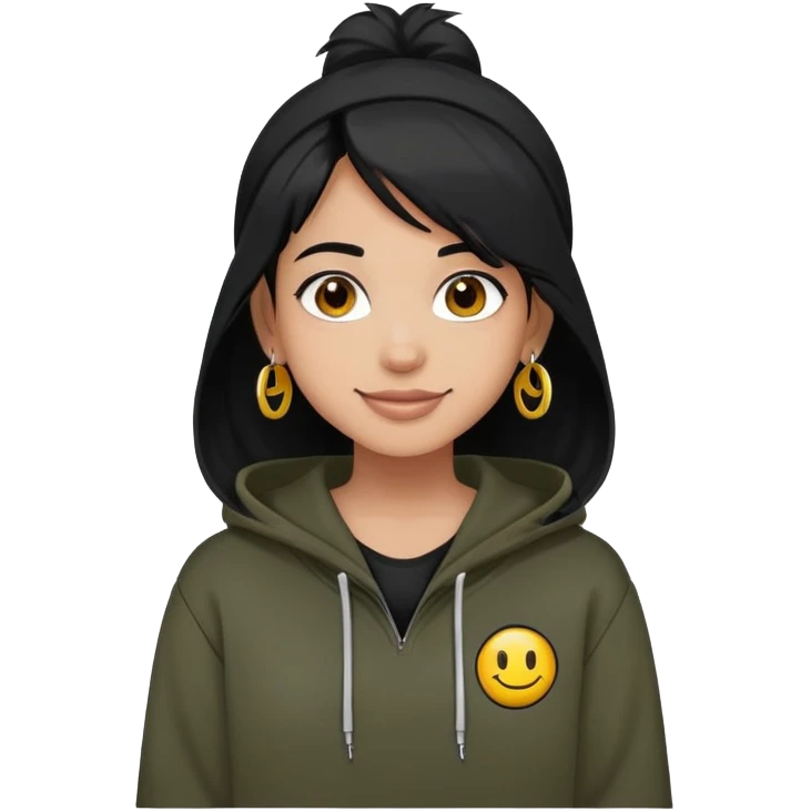 person with military cut black hair, brown eyes, wearing 2 circle earrings and a black hoodie with a smiley face emoji