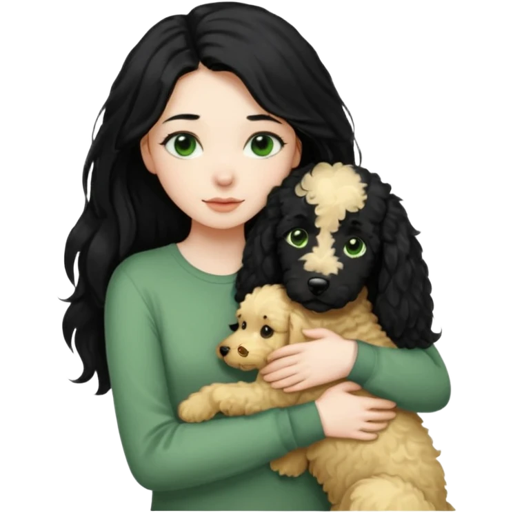 Girl with long black hair and green eyes and pale skin wearing long sleeve shirt hugging black golden doodle dog emoji