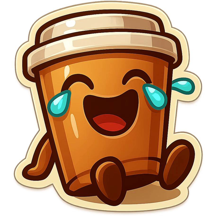 Tall coffee cup, laughing hard, tears in eyes, sitting on ground, tilted back, dramatic laugh emoji