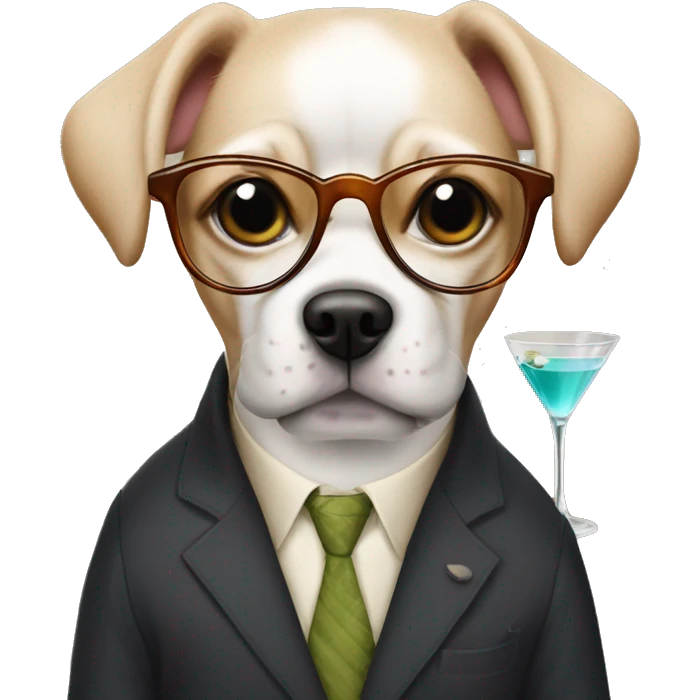 dog wearing glasses and having a glass of martini in her hands emoji