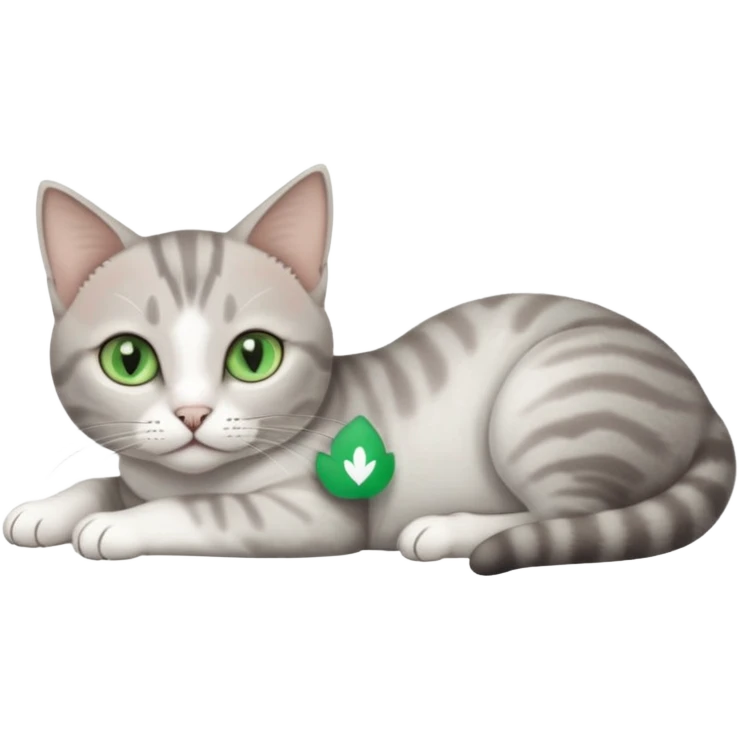 full body tiny short hair grey and white cat with white front legs and green  eyes lying down emoji