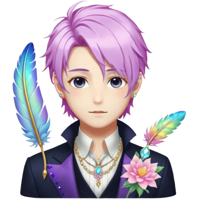 Beautiful gorgeous anime gentleman with beautiful iridescent-special-hair, fashion aesthetic, ethereal, fairycore, pastelcore, feather, flower, gems, accessories, jewelries, gold, colorful emoji