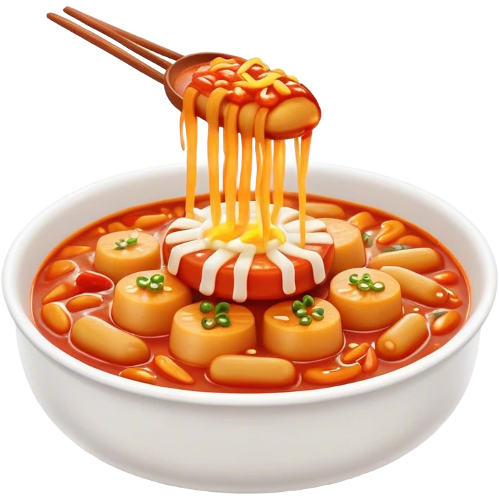 Cinematic Realistic Tteokbokki Dish Emoji, showcasing spicy, chewy rice cakes in a fiery sauce rendered with lifelike detail and bold, dynamic lighting. emoji