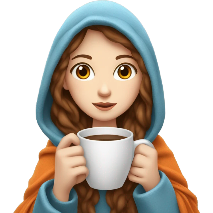 White girl with brown hair and blue eyes drinking coffee. With a white and orange cat and a blanket around them cuddled up emoji