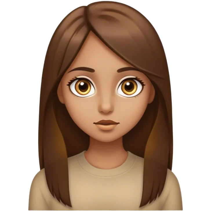medium nose ,big eyes , girl , have some gangs and long hair,on the end of the hair have a little golden color ,straight hair ,brown hair  emoji
