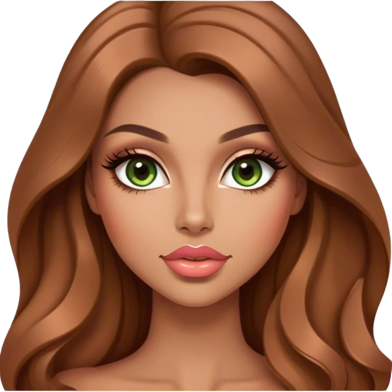Glamours, tanned, very beautiful girl, with big pump peach-beige-rose lips, long long lashes, brown wavy smooth silky long hair, straight parting hair, green-brown eyes emoji