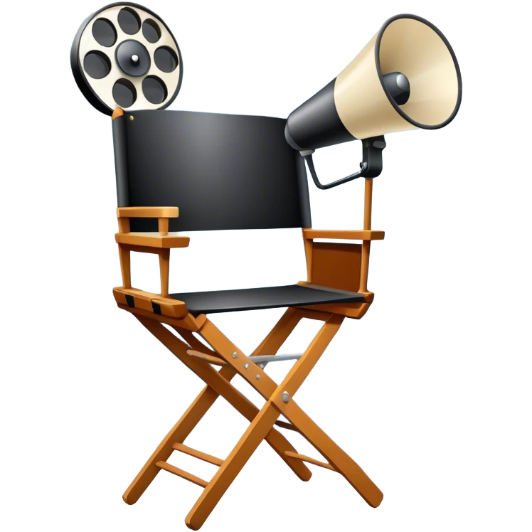 Icon for Directing: a director's chair, a film slate, a megaphone, and a stage set with lights. The icon should represent the creative and leadership aspects of directing, with focus on film and theater production. Transparent background. emoji