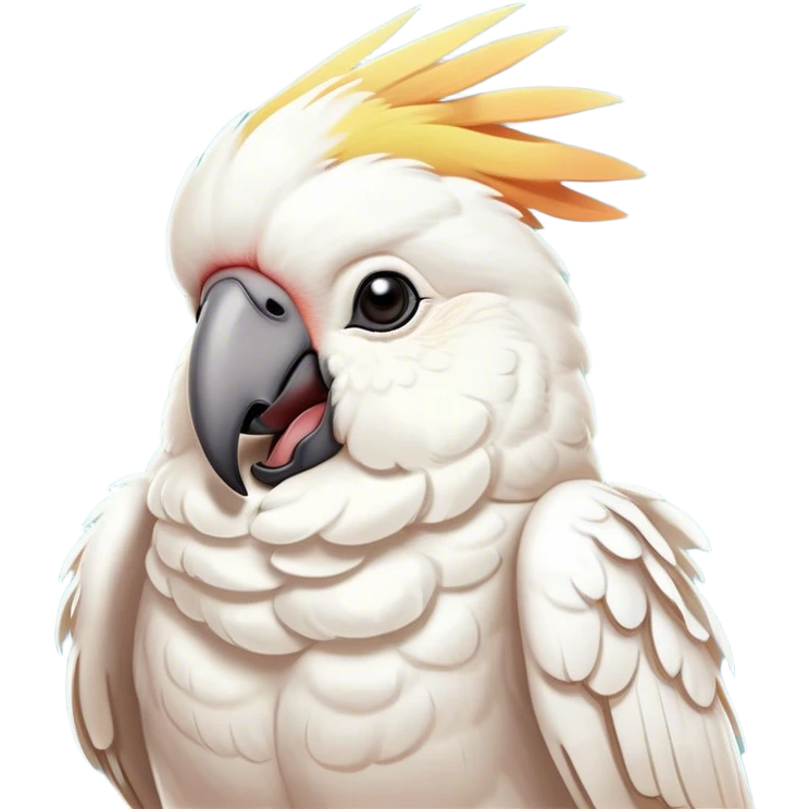 Cinematic Cute Yawning Cockatoo Portrait Emoji, Head tilted slightly with a dramatic, wide-open yawn, showcasing a plump, feathered body with a softly drooping crest and sleepy, half-closed eyes, Simplified yet irresistibly adorable features, highly detailed, glowing with a soft, cozy tropical glow, high shine, relaxed yet expressive, stylized with a dash of whimsical avian charm, soft glowing outline, capturing the essence of a drowsy yet affectionate cockatoo that appears ready to stretch out and yawn its way off the screen! emoji