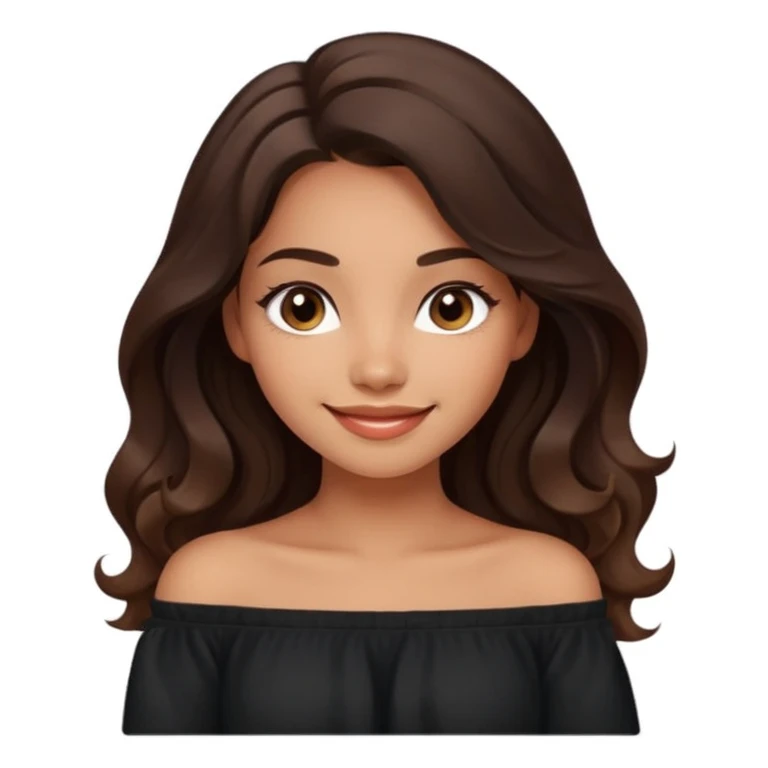 clean modern emoji of a young woman with medium skin tone, long wavy dark brown hair, black off-shoulder top, soft friendly smile, expressive eyes, warm charming confident style, subtle gradient background emoji