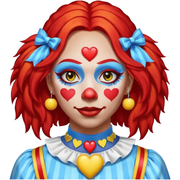 wendy thomas  the clown from gta rp nopixel she has a blue sun on covering right eye with three yellow lines below her right eye and above her left eye. she has long bright red hair and light blue eyes with a heart choker emoji