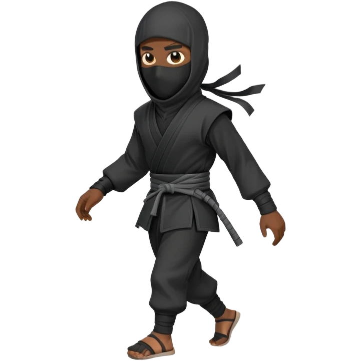 a black man in ninja clothes, walking with the head down emoji