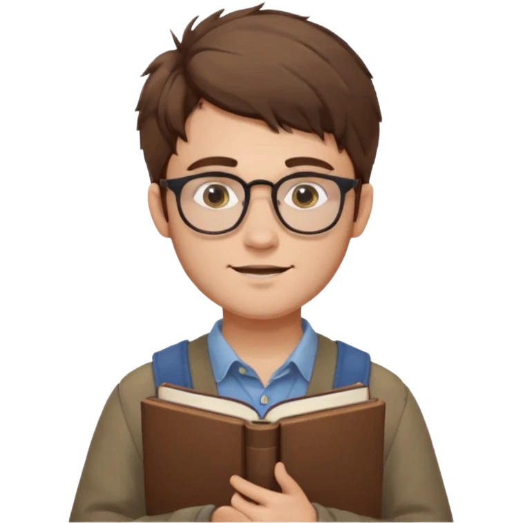 generate an ios genmoji of a fair 20 year guy with faint beard, spectacles, messy hair, books in hand emoji