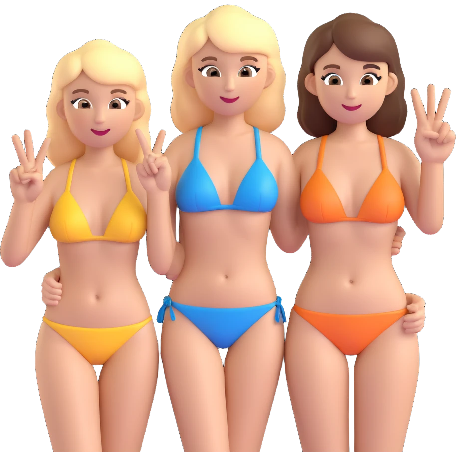 Make the blonde girl wear a bikini and add a brunette friend next to her, both making peace signs, 3D emoji style, no background. emoji