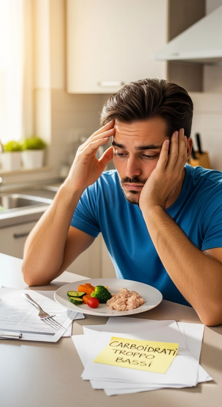 Uomo sui 35 anni in cucina, con espressione affaticata e spenta, guarda un piatto con pochissimi carboidrati (solo qualche verdura e proteine). Accanto a lui, fogli con una dieta rigida e una scritta visibile: 'Carboidrati troppo bassi'. emoji