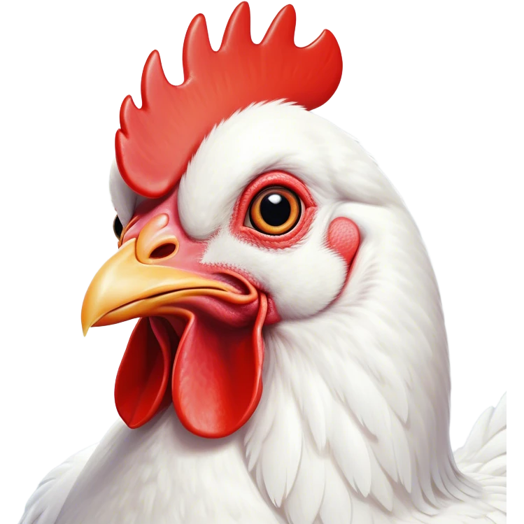 Cinematic Comical White Chicken Portrait Emoji, Head tilted dramatically with an exaggeratedly shocked or amused expression, featuring a sleek, immaculate white plumage with a prominent red comb, wide, expressive beady eyes filled with playful disbelief, Simplified yet hilariously expressive features, highly detailed, glowing with a slightly sassy glow, high shine, dramatic yet playful, stylized with an air of cheeky mischief, bright and endearing, soft glowing outline, capturing the essence of a spirited and over-the-top chicken, so meme-worthy it feels like it could cluck its way into internet fame instantly! emoji